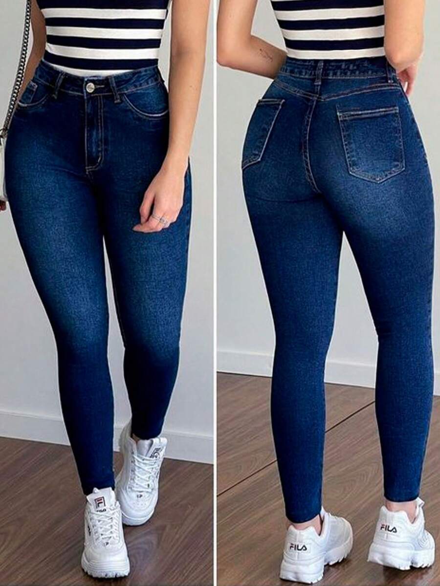 Calça Jeans Feminina Skinny Azul Com Elastano Efeito Levanta Bumbum  Cintura Alta - Azul - Visão 1