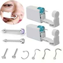 2 pezzi Kit di perforazione nasale monouso con piercing nasali incorporati - Kit di autoperforazione nasale con 6 pezzi di anelli per piercing al naso