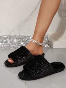 Women's Spring/Autumn Fluffy Furry Slip-On Slippers, Fashion Glitter Strap Open Toe Soft Sole Non-Slip Flat Sandals For Bedroom/Indoor,Gift For Mom, Black/Pink/Grey