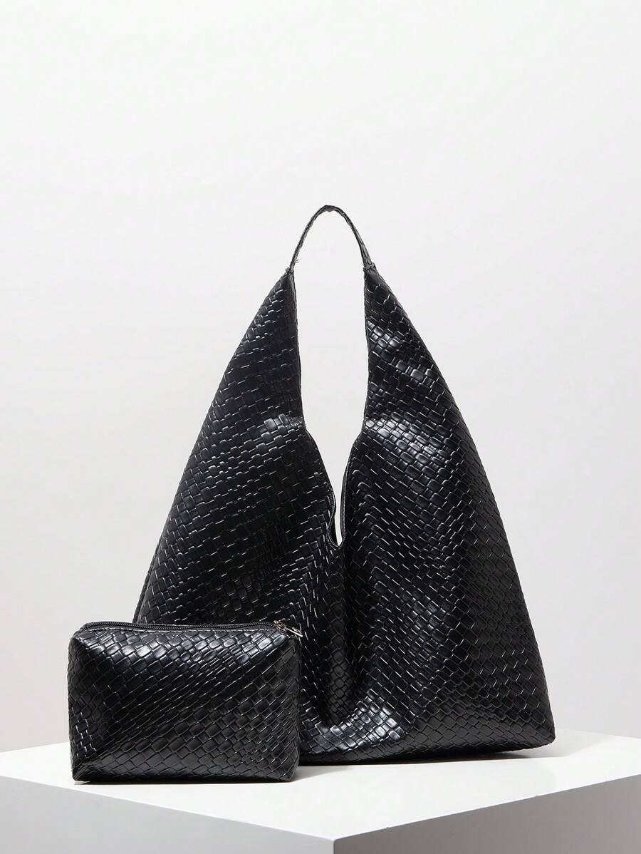 女士复古仿皮编织图案手提包，大容量单肩手提包，工作包，大尺寸手提包，购物包，母子包套装，适合日常使用（随机图案）