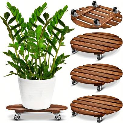 1/2PCS Plant Stand With Wheels, Rolling Base With 360° Rotated Casters, Round Cart With Metal Lockable Casters For Outdoor/Indoor Large Plant Pot/Patio, Heavy Duty Moving Tool,Heavy-Duty Round Wooden Plant Stand With Locking Wheels - Indoor/Outdoor Large Planter, Garden And Lawn Care, Round Shape