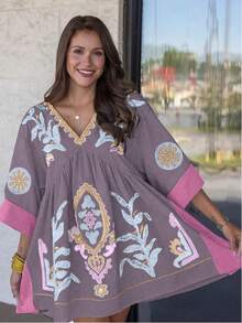 Vestido bohemio floral estampado de moda callejera casual y holgado, para primavera y verano - Morado - Ver 9