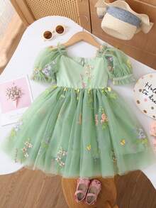 1 件女童可爱、优雅、甜美公主风格泡泡袖、蝴蝶结腰部、蝴蝶花朵刺绣、薄纱芭蕾舞短裙派对礼服、适合特殊场合的夏季沙滩裙 - 綠色 - 查看 1