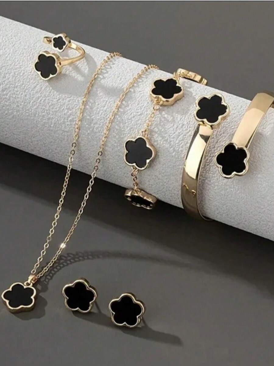 Set de 6 piezas de joyas estilo coreano con flores de la suerte, incluyendo aretes, collar, pulsera y anillo. Conjunto de joyas de moda adecuado para el Día de San Valentín, uso diario y regalos de festivales.