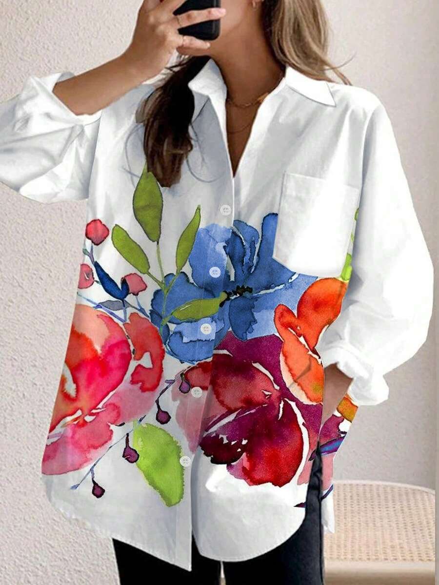 Áo sơ mi dài tay nữ họa tiết hoa, kiểu dáng thường ngày, thời trang, thích hợp cho mùa xuân. - Màu xanh lam - Xem 1