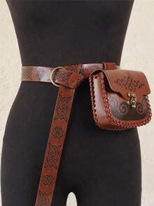 Bộ 2 món: Thắt lưng hiệp sĩ Viking và túi đeo hông giả da họa tiết Celtic cổ điển - Túi đeo hông màu nâu vintage với khóa đồng thau, phong cách thời Trung cổ Phục hưng, trang phục Viking, LARP, đạo cụ cosplay. - màu nâu - Xem 3