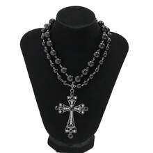 1pc Punk/Goth Style Exaggerated Faux Pearl Cross Multi-Layer Necklace For Women - Black - View 3