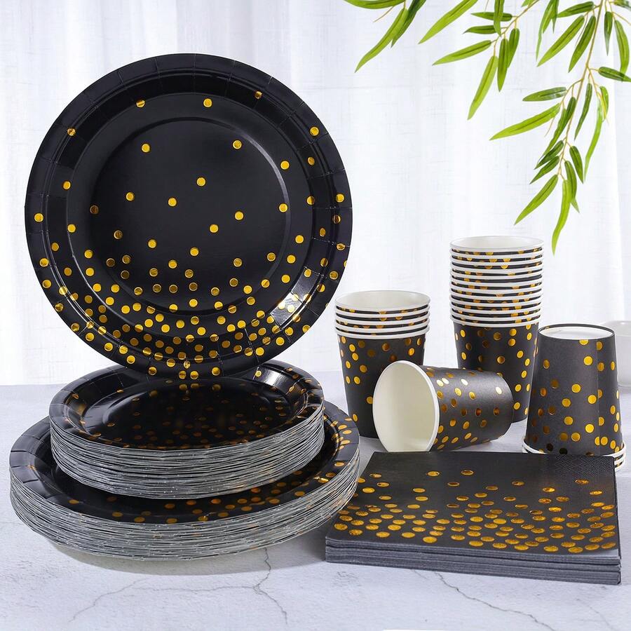 96pcs/Set Gold Birthday Party Supplies, Including Gold Foil Disposable Plates (7/9 Inch Black Base), Cups, Napkins, Suitable For Birthday, Wedding, Party Tableware - Multicolor - View 1