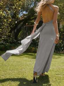 Back Tie Strap Metal Decor Bodycon Floor-Length Dress Party Elegant - Grey - View 2