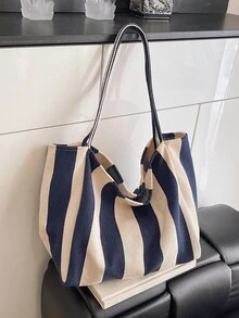 Retro chique gestreepte canvas tas, Koreaanse mode, casual ruime schoudertas voor vrouwen, geschikt voor reizen en vakantie