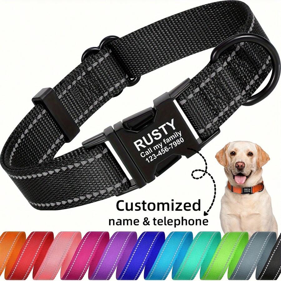 Customizable Reflective Dog Collar With Engraved Metal Buckle - Personalized Nylon Pet Collar, Combining Safety And Fashion - Multicolor - View 1