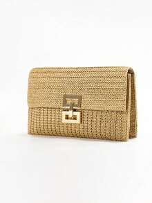 Multi-Layer Twist-Lock Flap Clutch Woven Bag, Suitable For Vacation - Khaki - View 6
