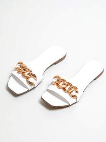 Elegantes chanclas planas para mujer para exteriores, sandalias de deslizamiento con adorno de cadena con puntera abierta, zapatos escolares, zapatos de estudiante universitario, zapatos con estilo bohemio, vintage, cottage-core, francés, para Navidad, otoño, Año Nuevo, San Valentín - Blanco - Ver 2