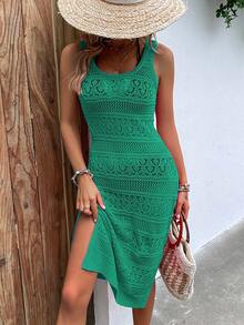 女士针织腰带连衣裙，休闲度假，春夏皆宜，纯色，圆领，无袖，开衩，短款，修身连衣裙，返校季，秋季，优雅女装，秋季长款派对沙滩裙 - 綠色 - 查看 3