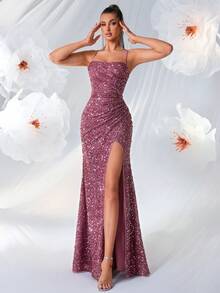 ADYCE Đầm dự tiệc hở lưng buộc dây phía trước bằng vải sequin cho nữ, trang trọng, váy dạ hội, cho khách dự tiệc cưới - Bụi hồng - Xem 3