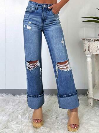 女式简约纯色破洞休闲牛仔裤