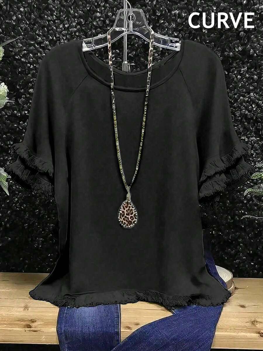 Blusa de mujer talla grande de unicolor con volantes y puños con flecos - Negro - Ver 1