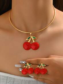 1 Set 3pcs Exaggerated Red Cherry Openable Necklace And Earrings Set, Unique Minimalist Fashion Fruit Cherry Pendant Necklace Earrings Set, Suitable For Women Daily, Vacation, Party Wear - Gold - View 2