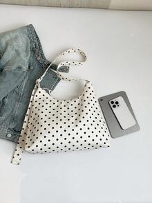 Women's Shoulder Bag, Fashionable Polka Dot Crescent Shape Cloth Handbag , Polka Dot - White - View 5