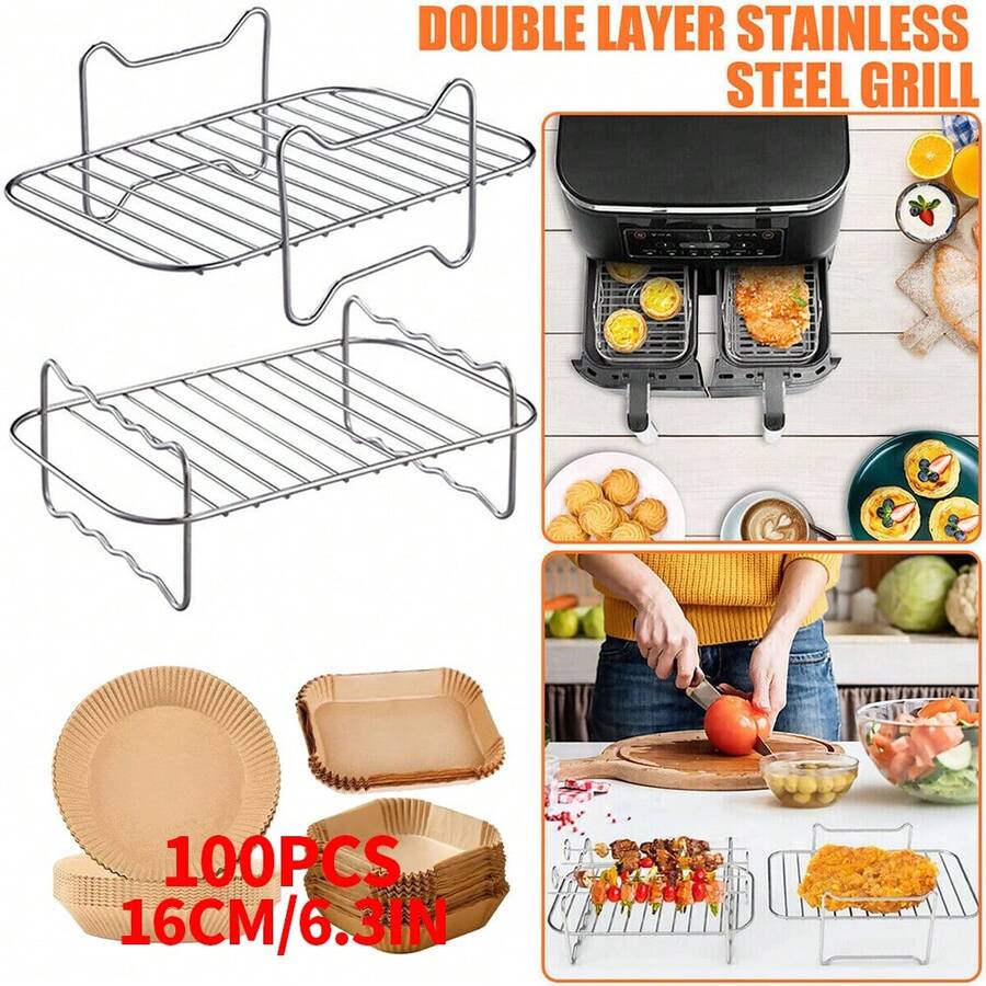 NetHong Air Fryer Accessories Kit - 2 Stainless Steel Rack & 100 Pcs Non-Stick Air Fryer Disposable Paper, BPA F.Ree & Dishwasher Friendly - Silver - View 1