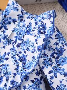 Young Girl Long Sleeve Floral Print Mesh Dress With Woven Belt - Navy Blue - View 5