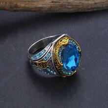 1 chiếc nhẫn Cubic Zirconia màu xanh ngọc lam cổ điển, trang sức tôn giáo thời trang Unisex, dây đeo bản rộng thanh lịch phù hợp cho cả nam và nữ - hình học - Xem 2