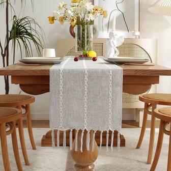 1pc Country Style Linen Tablecloth, Farmhouse Embroidered Table Runner With Handmade Tassels, 182.4 Cm Long, Suitable For Parties, Dressers, And Dining Room Decor (33.0 Cm X 182.4 Cm)