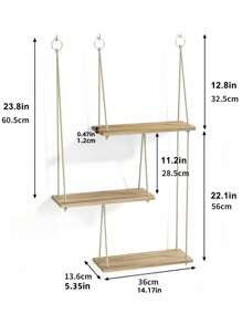 1pc 60.5cm三层波西米亚风壁饰收纳架植物架浮动架新波西米亚风房间装饰架木质搁板客厅壁挂绳饰架小花架卫浴用品收纳架实木收纳架植物收纳架花架房间收纳架挂钩木架