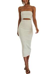 Women Y2K Summer Strapless Maxi Tube Dress Sleeveless Backless Hollowed Striped Patchwork Long Bodycon Dress Party Clubwear