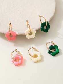 3 Pairs Fashionable Colorful Acrylic Flower & Geometric Hoop Earrings With Tassels, Elegant Earring Sets For Women, Suitable For Daily Commute, Travel, Gifts, Dates, Parties, Beach Vacation