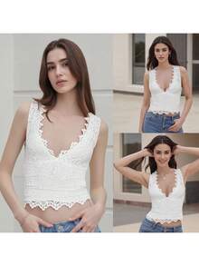Women Tank Tops Lace Deep V-Neck Casual Vests Summer Fashion Sleeveless Tops Streetwear - White - View 5