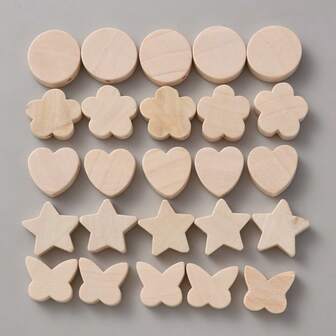 50 piezas de formas naturales de madera de estrellas, flores, corazones, círculos y mariposas con orificios, adecuadas para manualidades y hacer joyas DIY