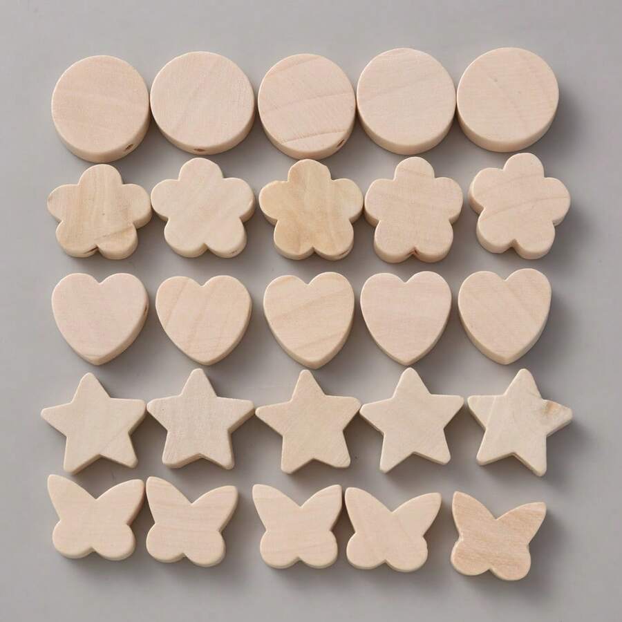 50 件天然木质星星、花朵、心形、圆形、蝴蝶形带孔，适合手工制作和 DIY 珠宝制作 - 多款式 - 查看 1