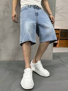 HEHCN Men's Front Button Pocket Casual Denim Shorts, Vintage Washed Blue Retro American Streetwear Bermuda Jeans, Suitable Gift For Boyfriend, Husband