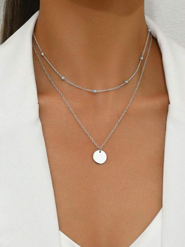1pc Minimalist Fashion Circle Disc & Beaded Double Layer Necklace, Elegant Choker Necklace Gift For Women