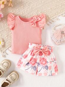 2pcs Baby Girls Casual Bow Ribbed Top And Sunflower Shorts Set