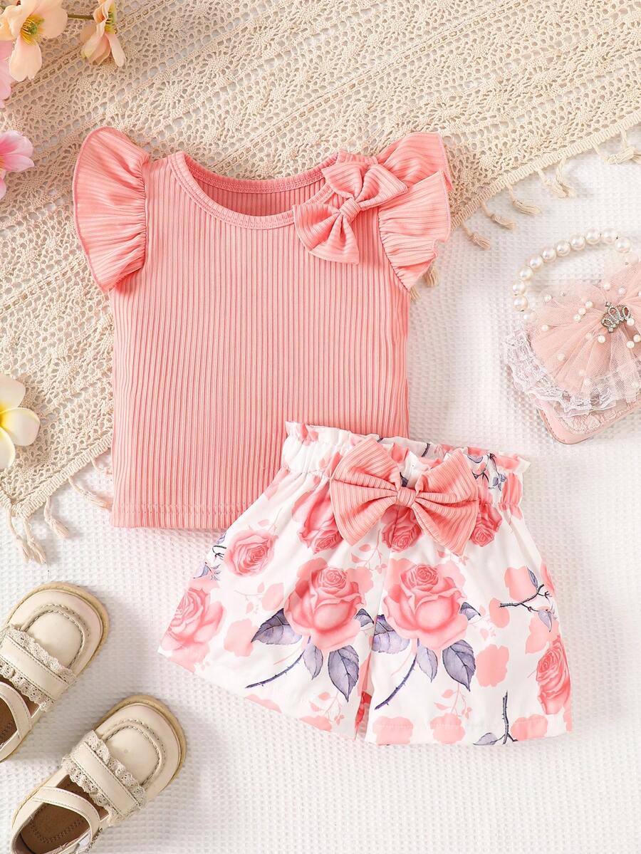 2pcs Baby Girls Casual Bow Ribbed Top And Sunflower Shorts Set