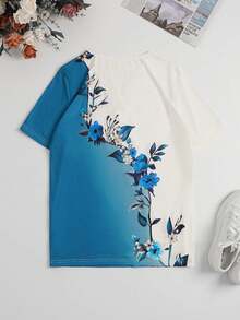 Áo thun nữ cỡ lớn kiểu dáng rộng rãi, thoải mái, tối giản, in hoa, cổ chữ V, cài cúc giả, thích hợp cho mùa hè. - Màu xanh lam - Xem 2