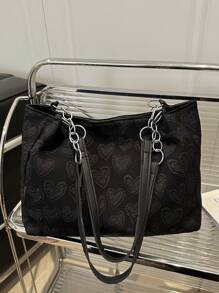 Large-Capacity Women's Casual Tote Bag With Heart Charm, Elegant For School, Shopping