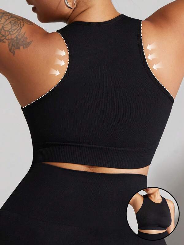 1pc Plus Size Women Seamless Supportive Sports Bra, Black Wireless Bra Padded, Suitable For Yoga, Fitness, Running, Gym