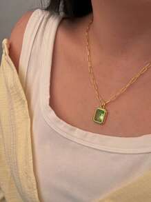 Elegant Gold Plated Alloy Synthetic Gemstone Crystal Square Pendant Geometric Cut Design Women's Pendent Necklaces For Daily & Party Occasions