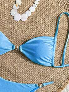 女士性感比基尼两件套，配有亮面配饰和特殊面料 - 藍色 - 查看 3