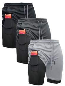 3-Piece Set Mens Running Shorts,2-In-1 Shorts,Workout Running Shorts For Men,7-Inch Gym Yoga Outdoor Sports Shorts - Đen + xám đậm + xám nhạt - Xem 1