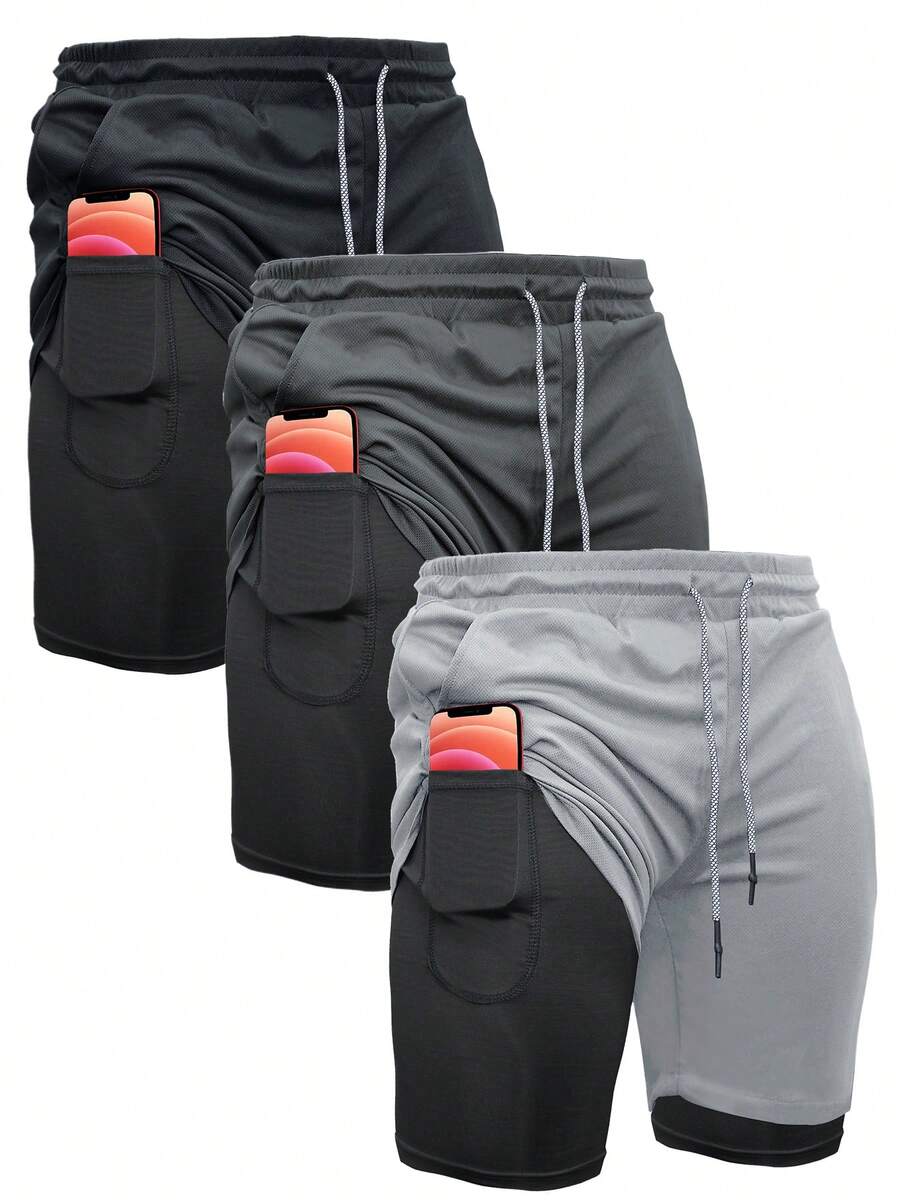 3-Piece Set Mens Running Shorts,2-In-1 Shorts,Workout Running Shorts For Men,7-Inch Gym Yoga Outdoor Sports Shorts - Đen + xám đậm + xám nhạt - Xem 1