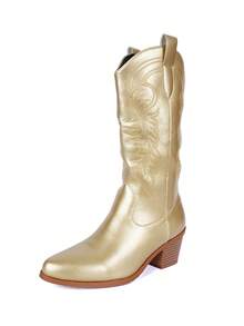 Retro Embroidered Knight Mid-Calf Boots Chunky Heel Mid-Calf Tall Boots - Gold - View 8