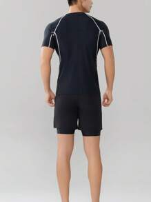 2 peças Top e Shorts de Maiô Bikini Masculino com Estampa de Letras e Cor Sólida, de Manga Curta, Esportivo e Lazer, Alta Elasticidade e Ajuste Slim, para Praia, Piscina, Festa, Férias, Primavera/Verão