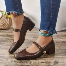 Women's Metal Chain Mary Jane Flat Shoes, 2025 Spring New Arrival, Fashion Buckle Retro Casual PU Leather Thick Heels, Elegant, Bohemian, Suitable For Beach Party, Office, Home & Outdoor, Spring/Autumn