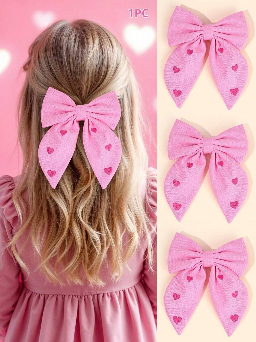 1pc Pink Embroidered Hearts Hair Bow Clip,Love Hairpins Hair Bows For Girls,Romantic Hair Accessory,Mother's Day Gifts - Multicolor - View 1