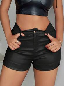 Apperloth A Plus Solid High Waist Slant Pocket Ultra Stretchy PU Leather Comfy Daily Mini Shorts Music Festival - Black - View 5