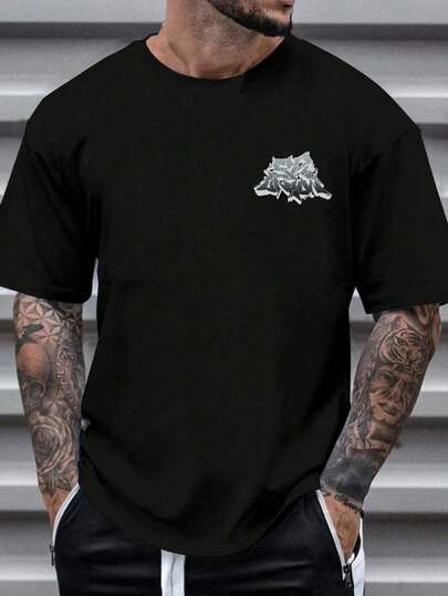 Camiseta de hombre con estampado de moto negra, cuello redondo, tejido grueso.